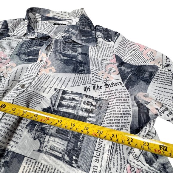 Why Dress Flowy Top Sz.L Newspaper Print Novelty Longline Ruffle 90s Maximalist - Picture 6 of 12